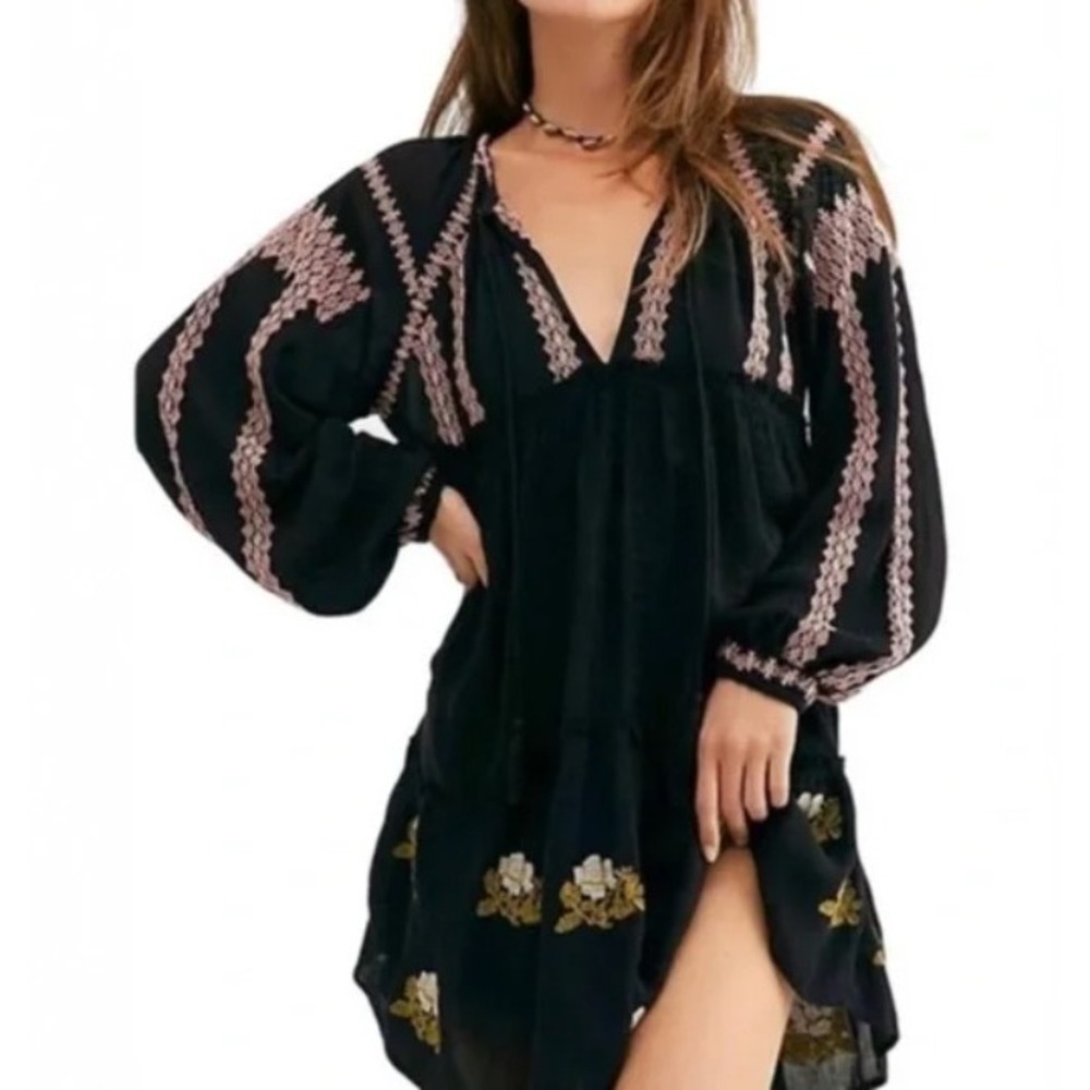 Free People Wild Horses Embroidered Babydoll Mini Dress Eyelet Tassels Large